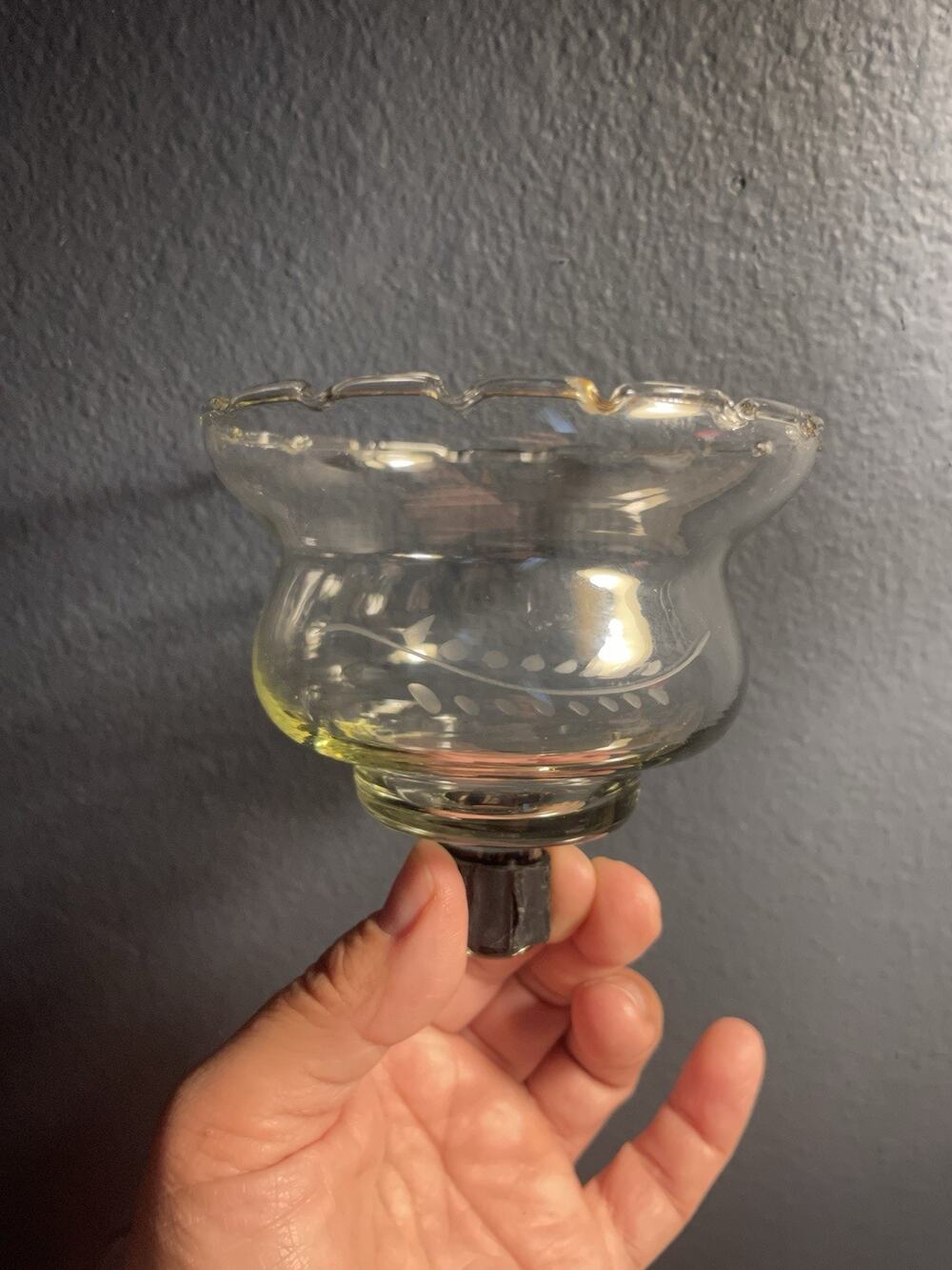 Vintage Clear Glass Peg Votive Candle Holder Etched Leaf Scalloped Rim